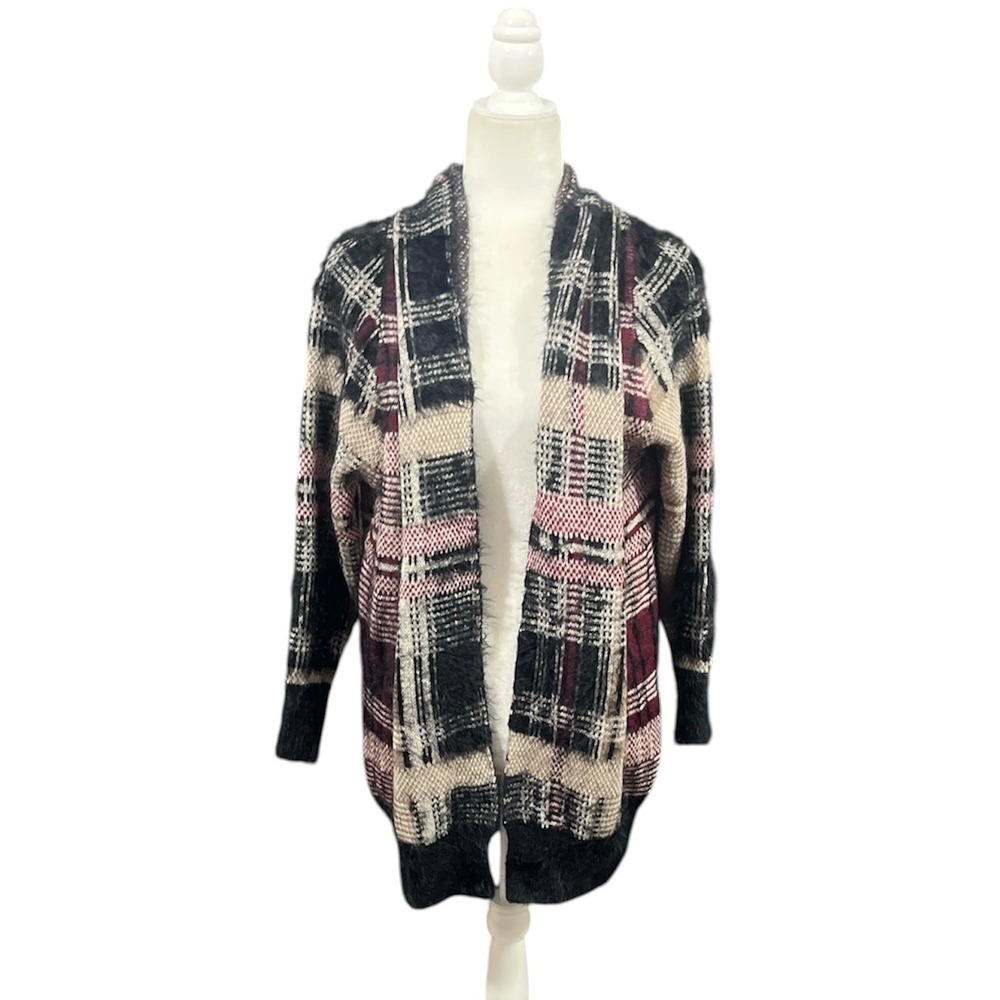 Eyelash Knit Open Front Cardigan Oliver by ESCO Large Burgundy Plaid Soft Cozy